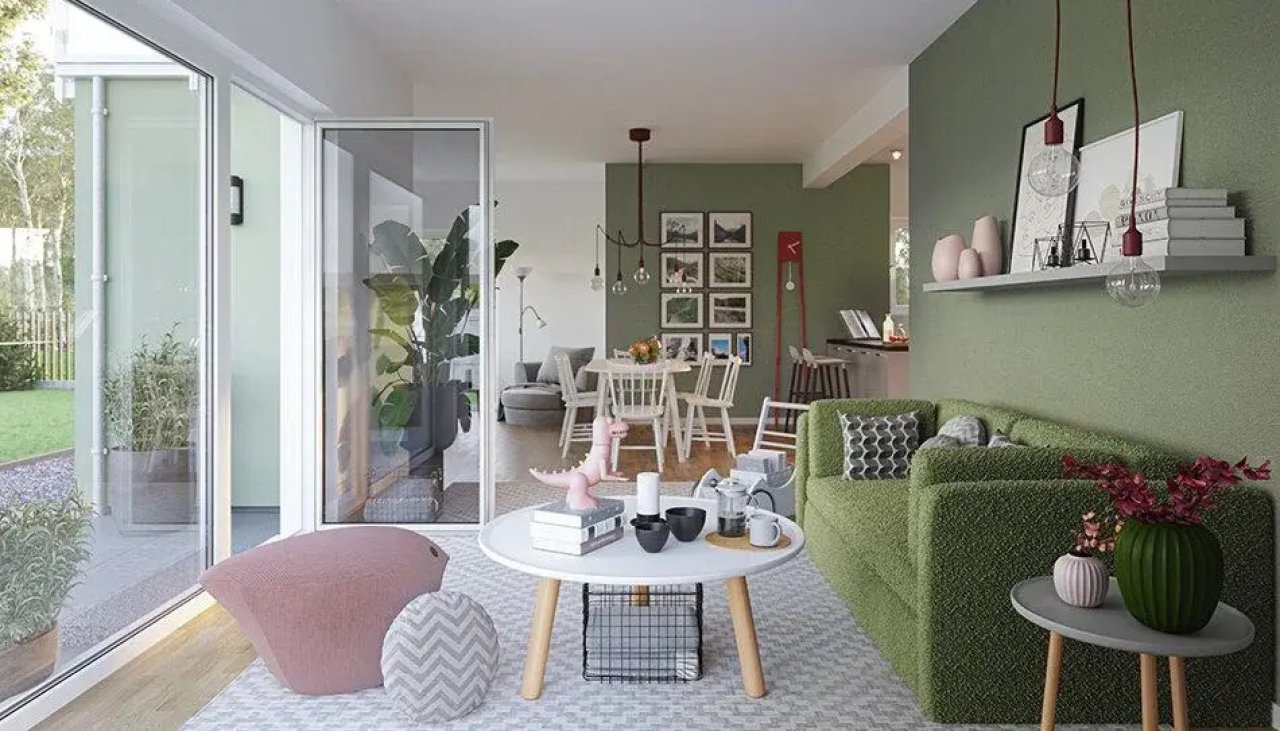 sonniges Wohnzimmer mit Blick in den Garten