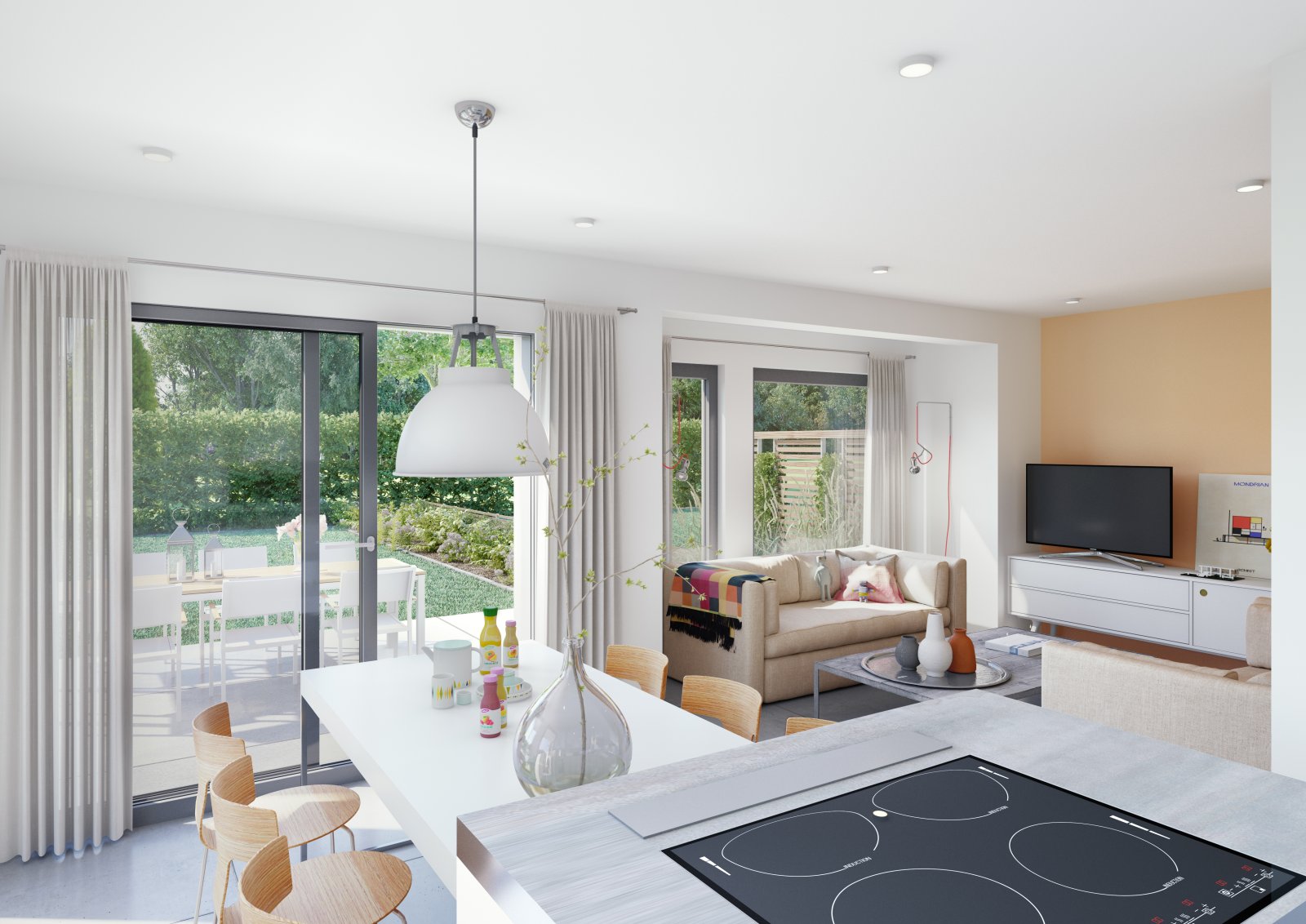 sonniges Wohnzimmer mit Gartenblick