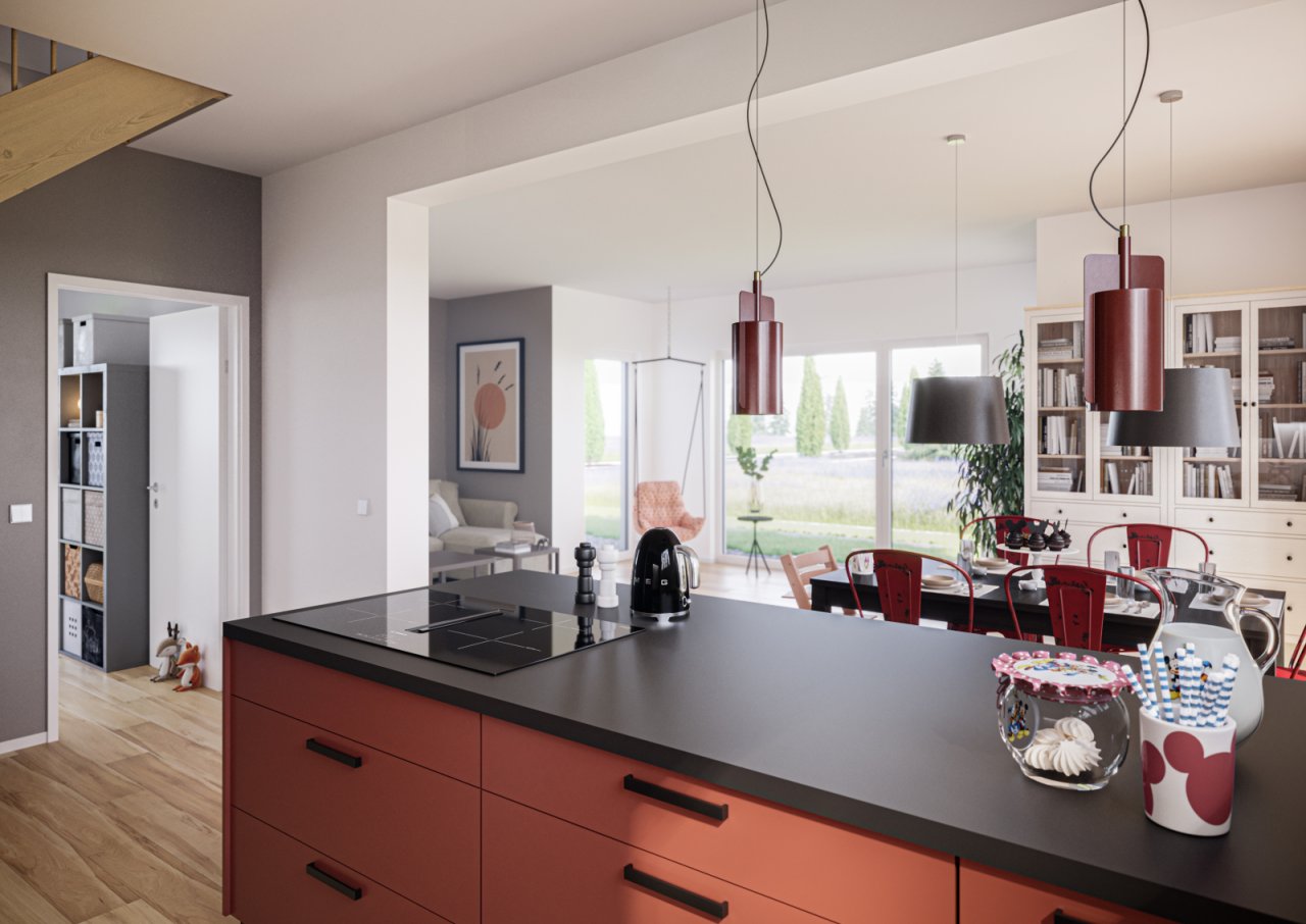 Küche mit Blick ins Wohnzimmer Küche mit Blick ins Wohnzimmer