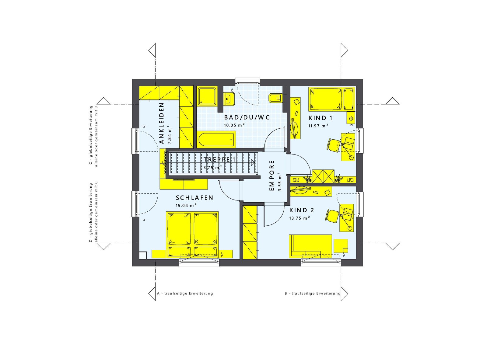 Dachgeschoss - Variante mit 3 Schlafzimmern Dachgeschoss - Variante mit 3 Schlafzimmern
